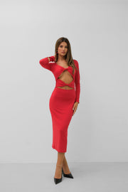 Red Midi Dress with Knot Detail