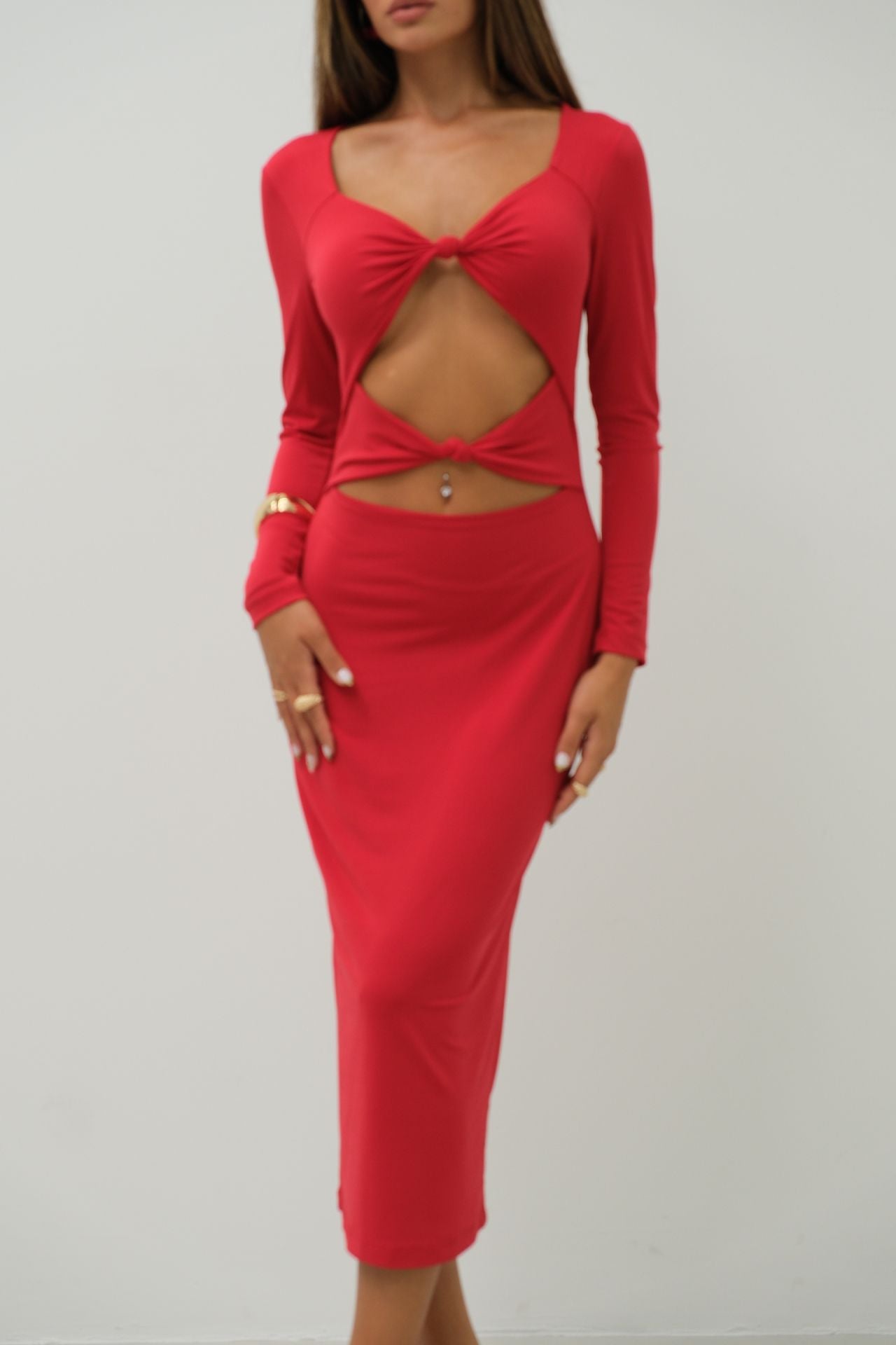Knot Detail Midi Length Red Dress