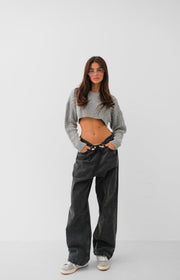 Low Waist Double Button Gray Wide Leg Jeans