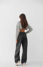 Low Waist Double Buttoned Gray Wide Leg Jeans