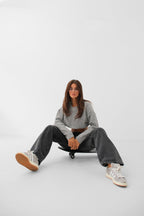 Low Waist Double Buttoned Gray Wide Leg Jeans