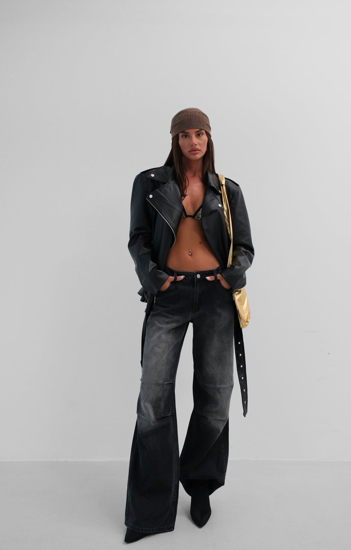 Low Waist Knee Fold Detail Gray Jeans