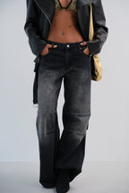 Low Waist Knee Fold Detail Gray Jeans