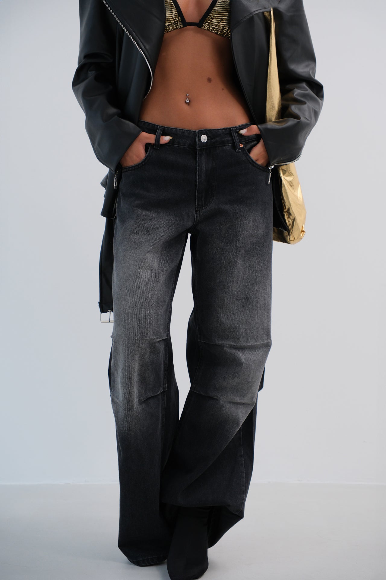 Low Waist Knee Fold Detail Gray Jeans