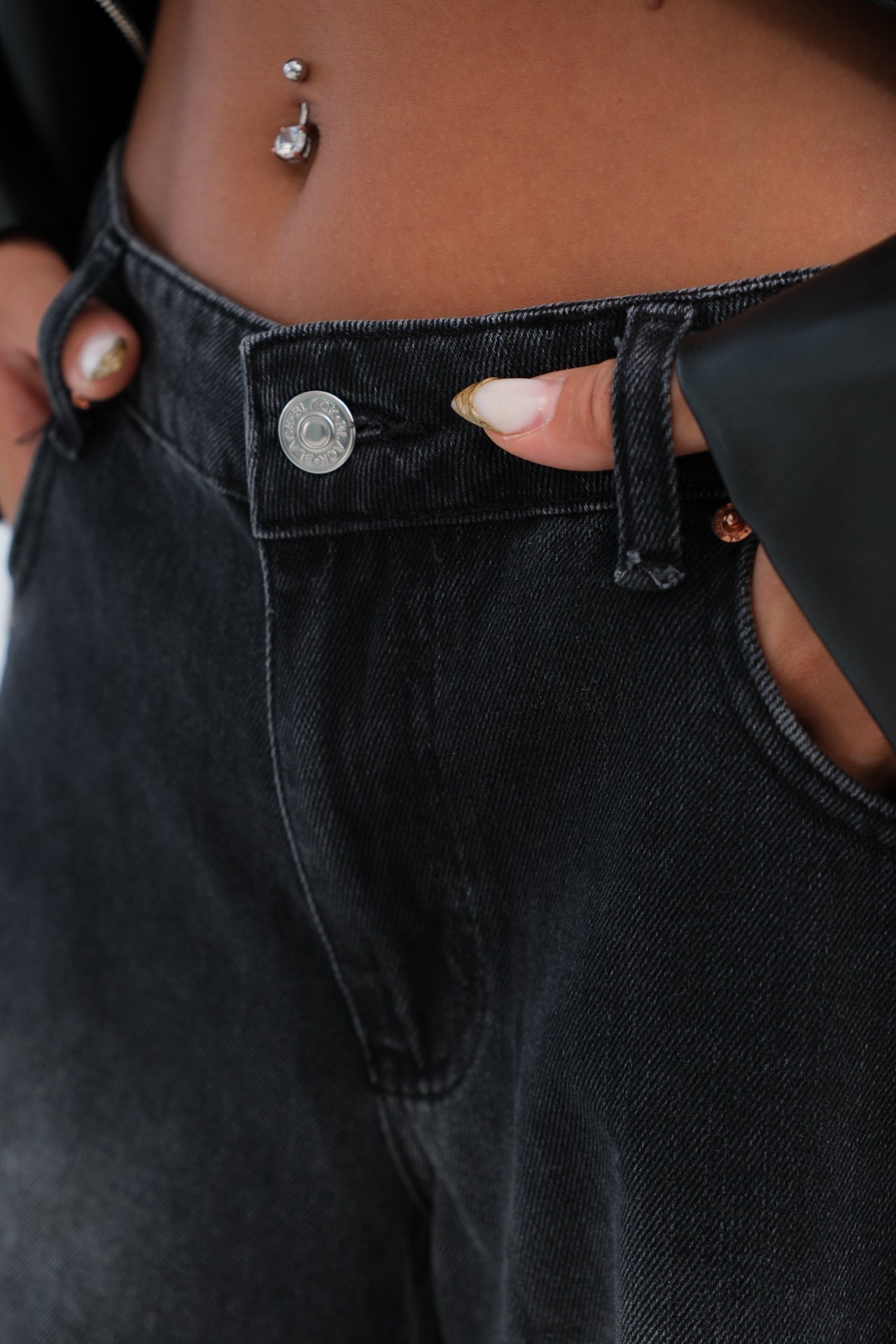 Low Waist Knee Fold Detail Gray Jeans