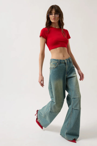 Low Waist Knee Fold Blue Jeans