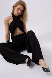 Low Waist Oversized Linen Black Trousers