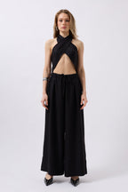 Low Waist Oversize Linen Black Pants