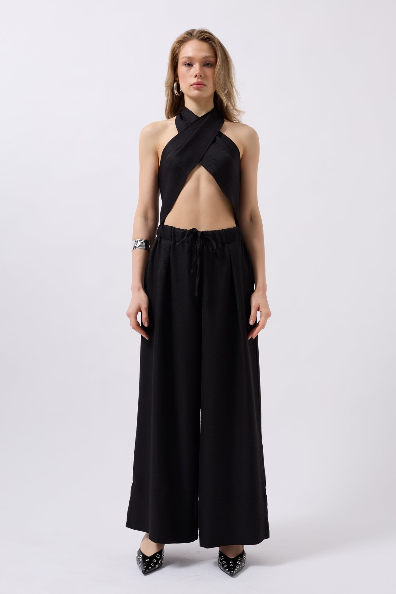 Low Waist Oversize Linen Black Pants