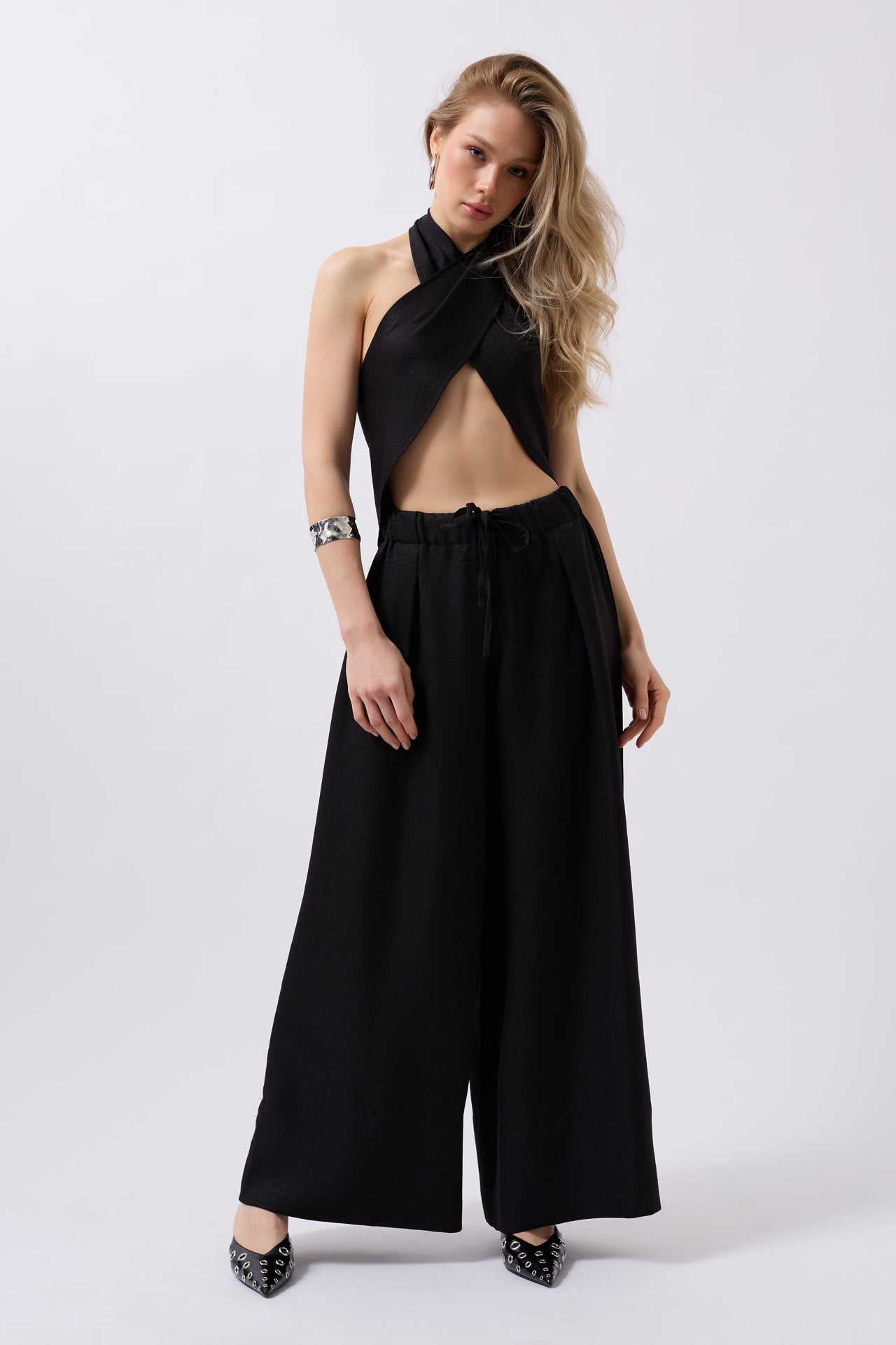 Low Waist Oversize Linen Black Pants