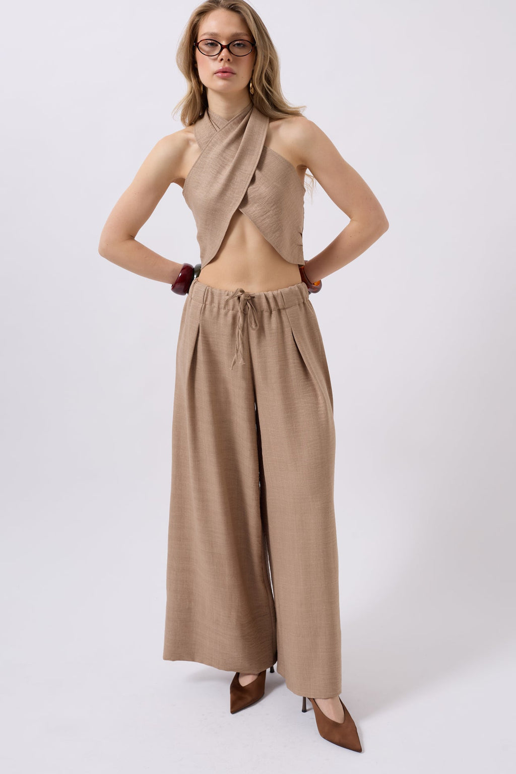 Low Waist Oversize Linen Mink Pants