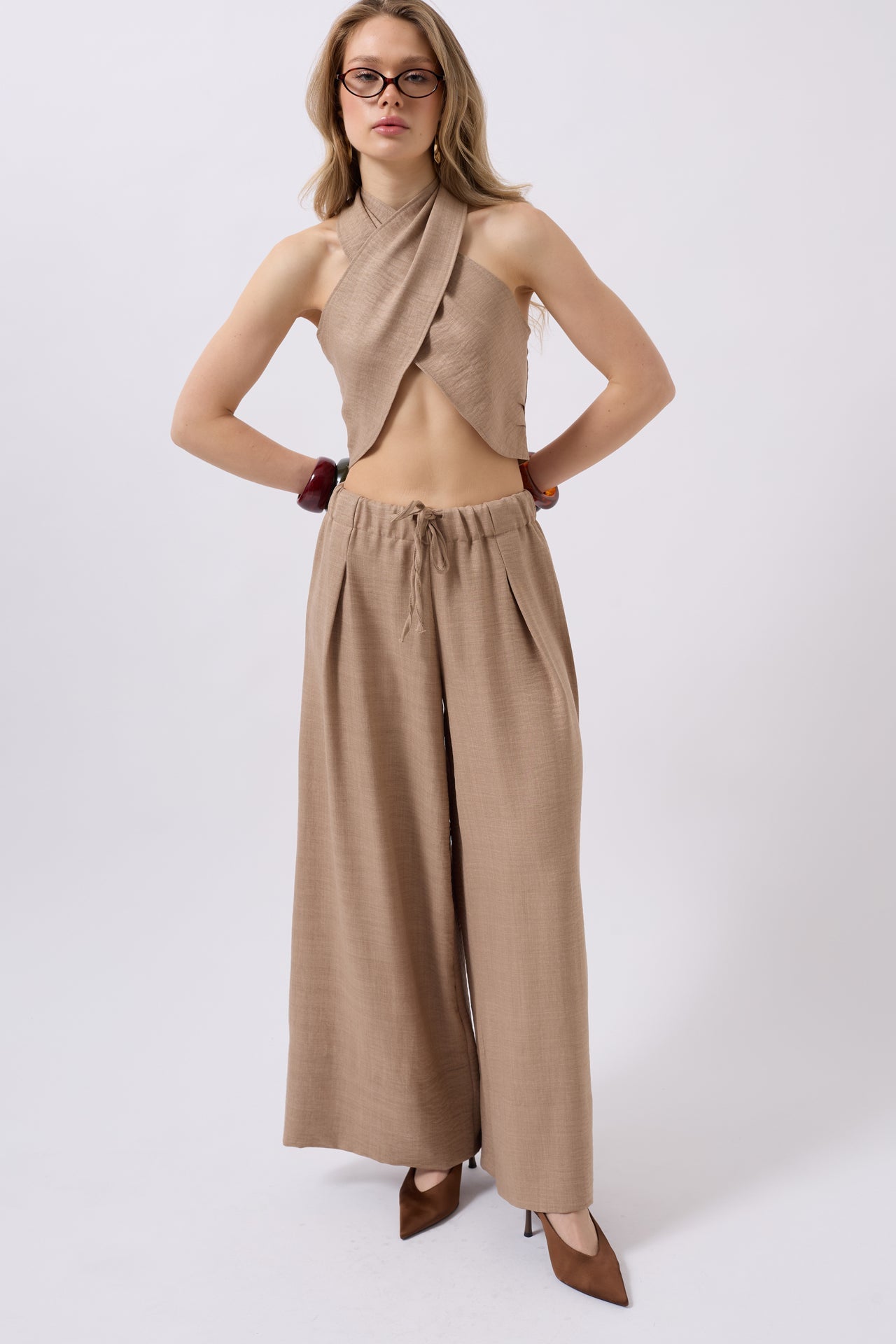 Low Waist Oversize Linen Mink Pants