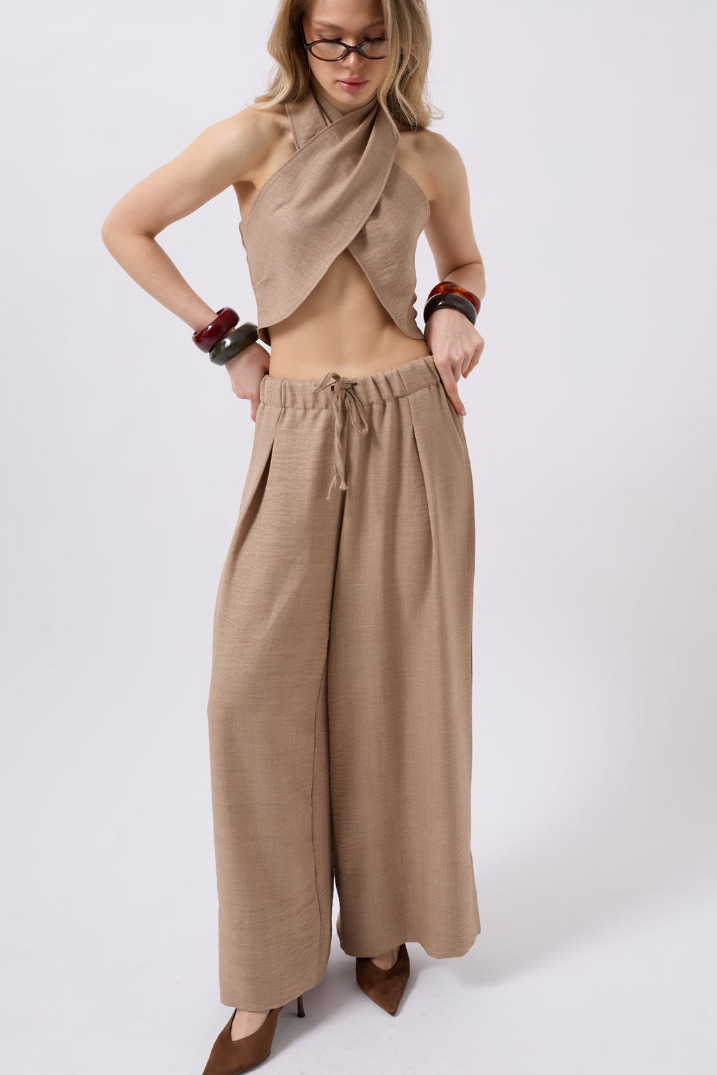 Low Waist Oversize Linen Mink Pants