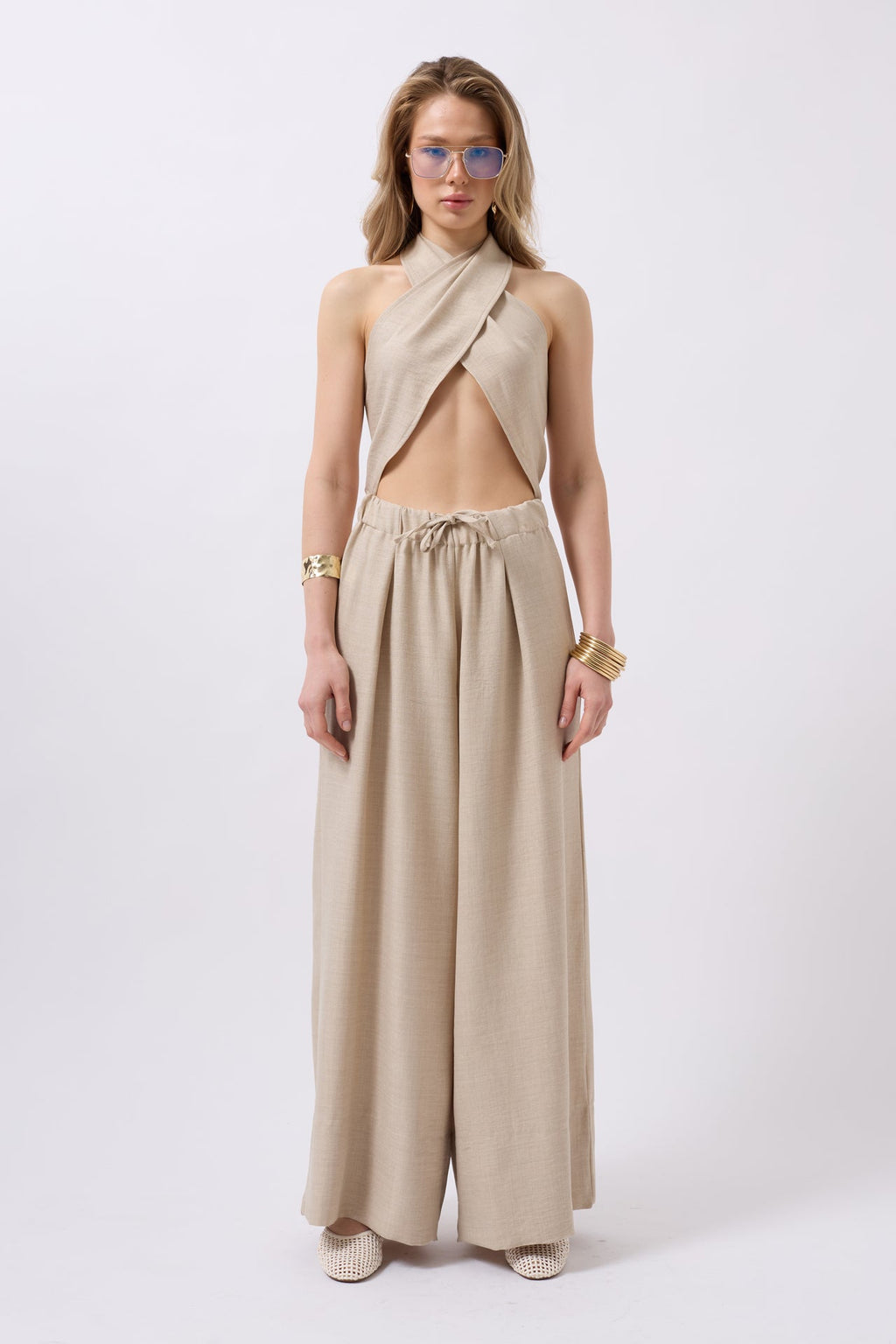 Low Waist Oversize Linen Stone Pants