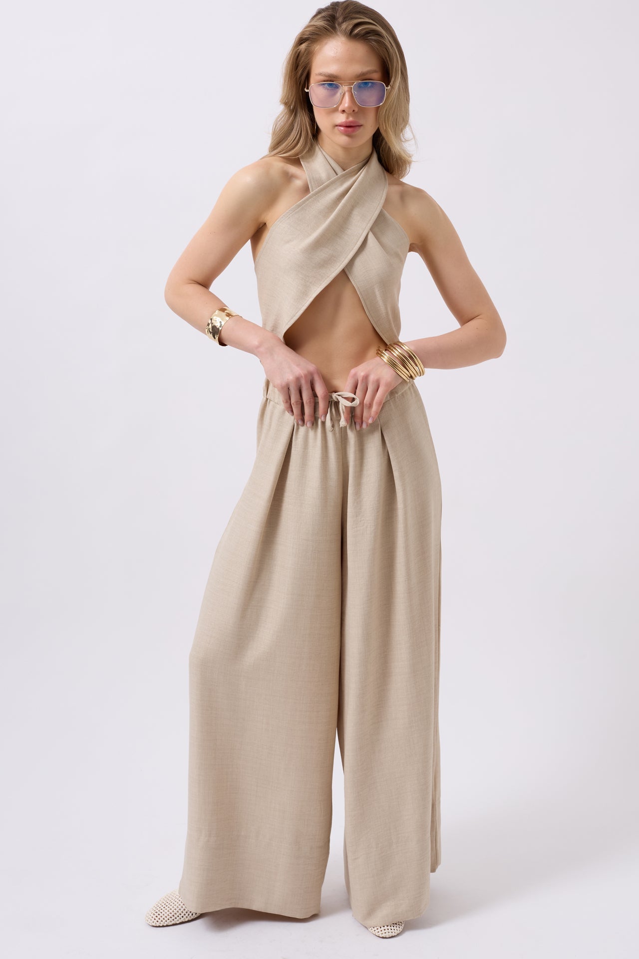 Low Waist Oversize Linen Stone Pants