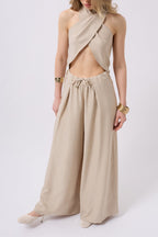 Low Waist Oversize Linen Stone Pants