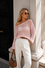Drop Shoulder Asymmetrical Pink Openwork Blouse