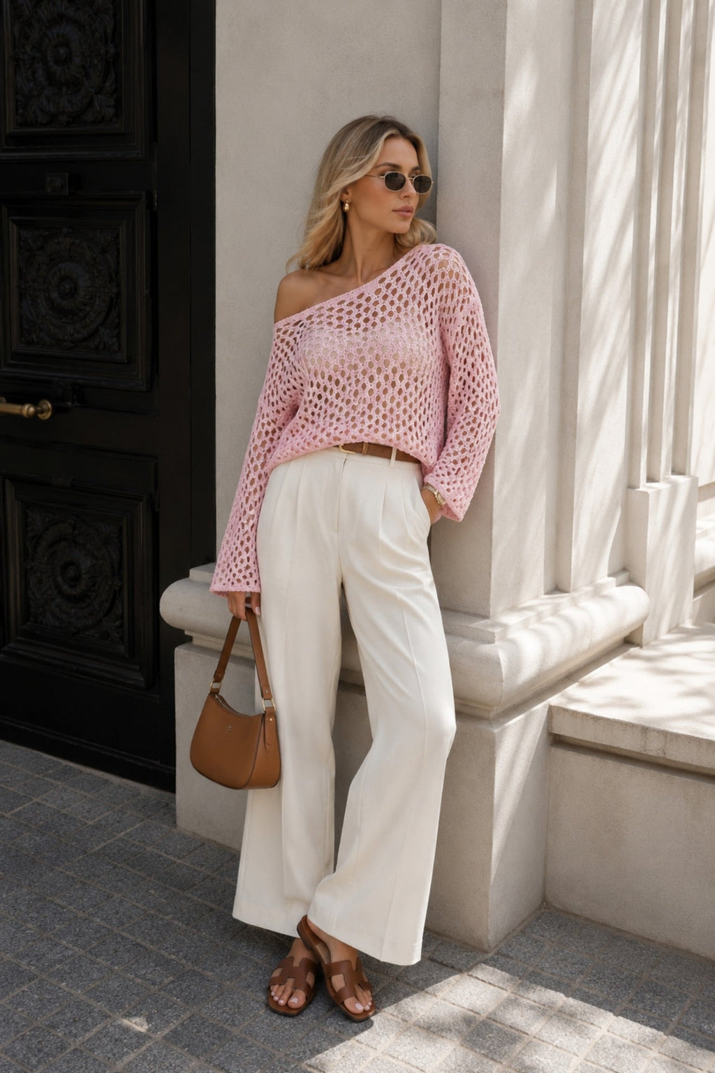 Drop Shoulder Asymmetrical Pink Openwork Blouse