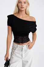 Off-Shoulder Waist Lace Detail Black Blouse
