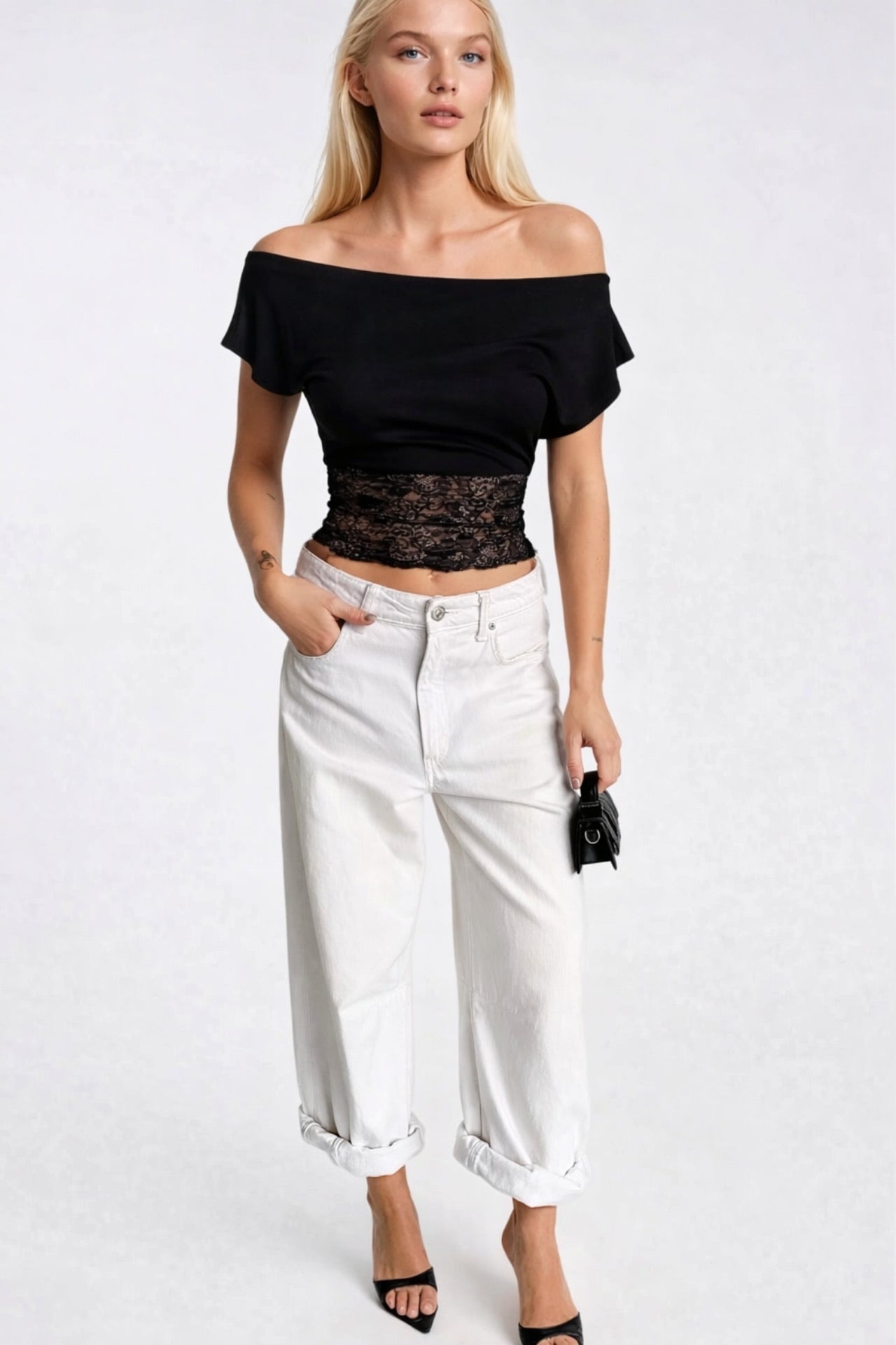 Off-Shoulder Waist Lace Detail Black Blouse