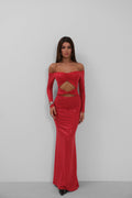 Off Shoulder Waist Cutout Maxi Red Dress