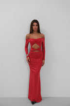 Off Shoulder Waist Cutout Maxi Red Dress