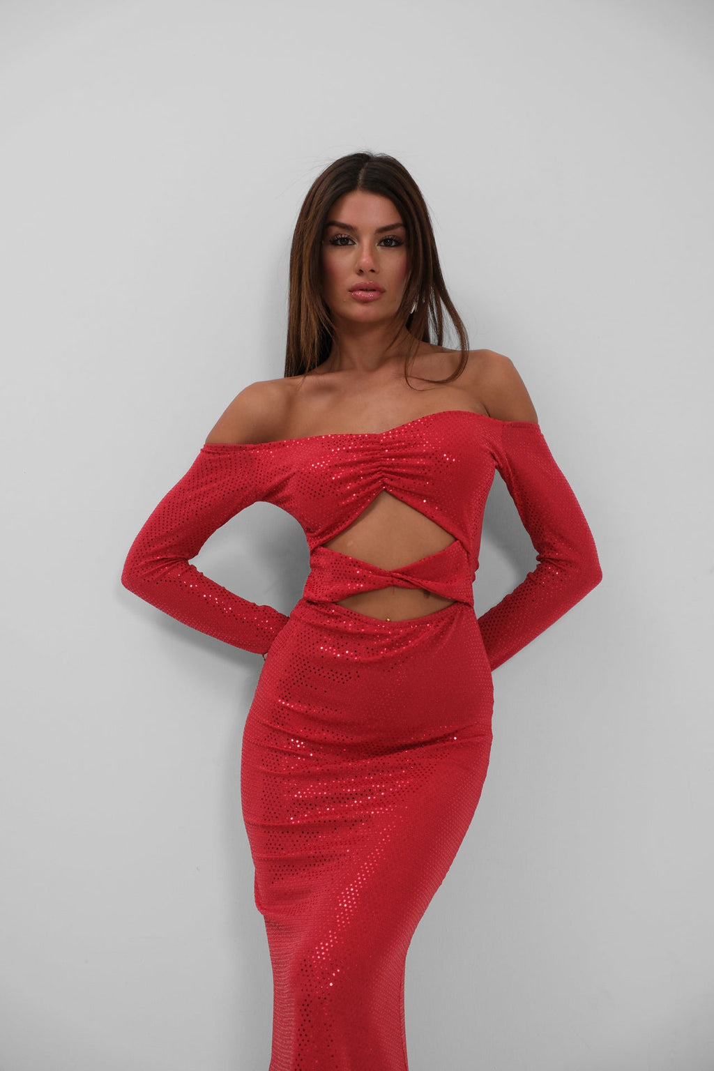 Off Shoulder Waist Cutout Maxi Red Dress