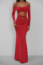 Off Shoulder Waist Cutout Maxi Red Dress