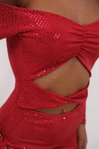 Off Shoulder Waist Cutout Maxi Red Dress