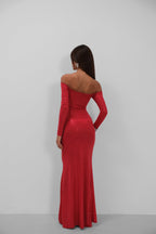 Off Shoulder Waist Cutout Maxi Red Dress