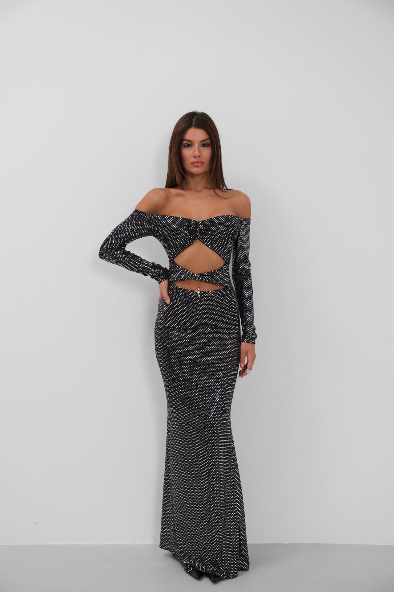 Off Shoulder Waist Cutout Maxi Silver Dress