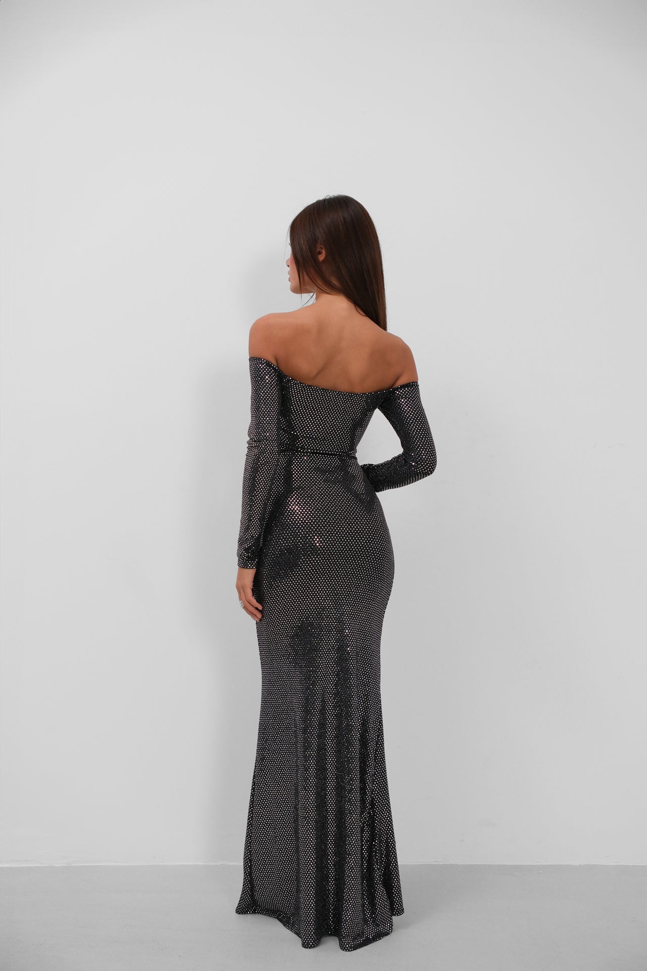 Off Shoulder Waist Cutout Maxi Silver Dress
