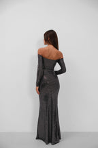 Off Shoulder Waist Cutout Maxi Silver Dress
