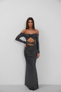 Off Shoulder Waist Cutout Maxi Silver Dress