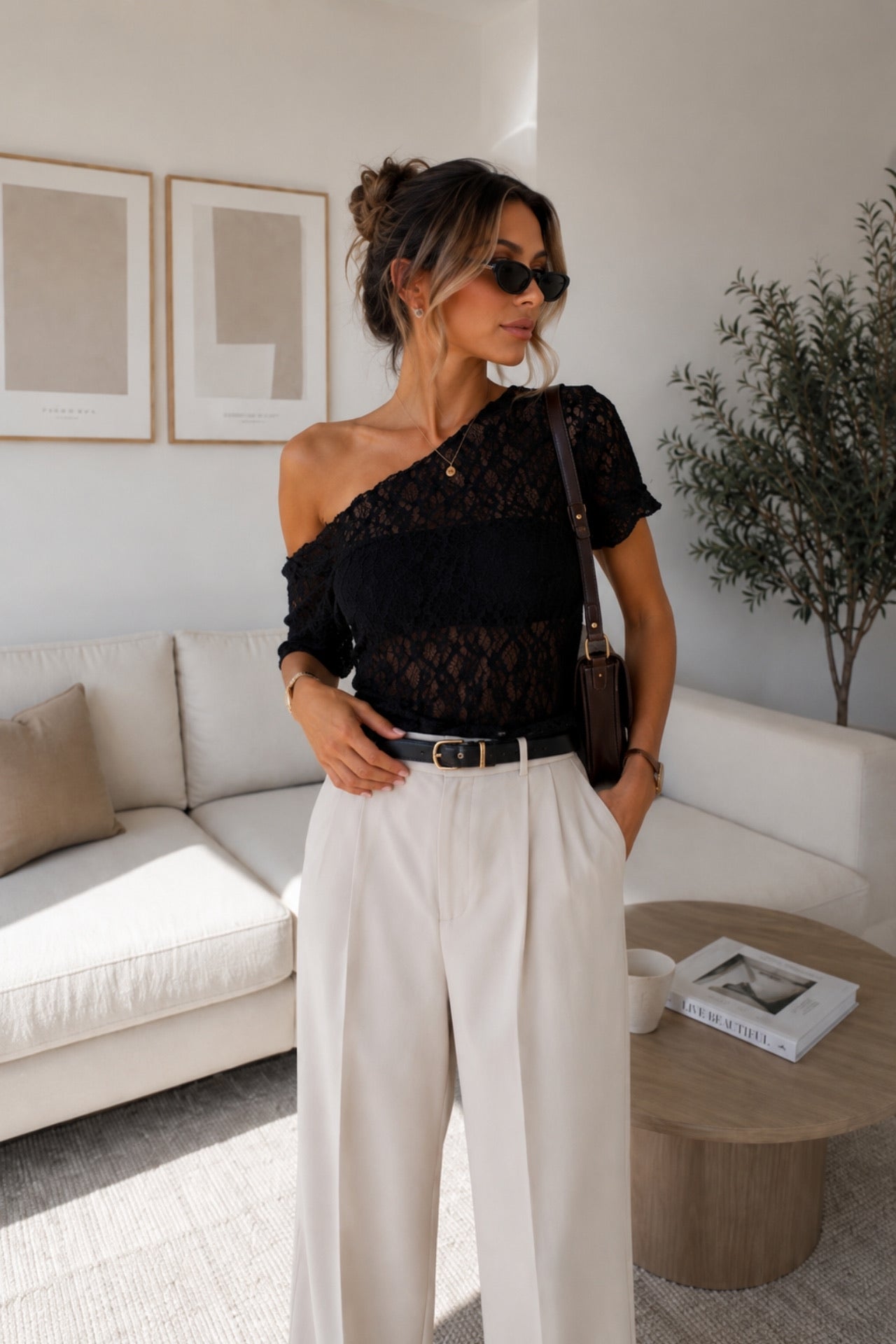 Off Shoulder Black Guipure Blouse