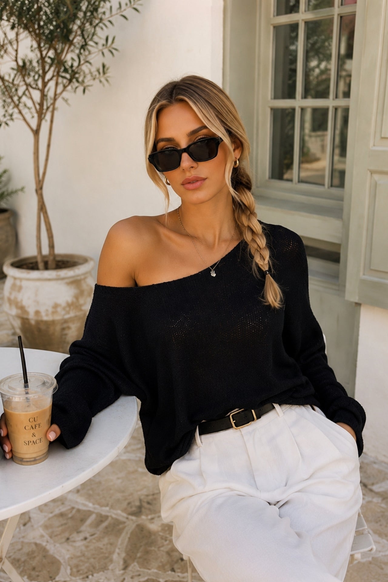 Off Shoulder Thin Black Knitwear Blouse
