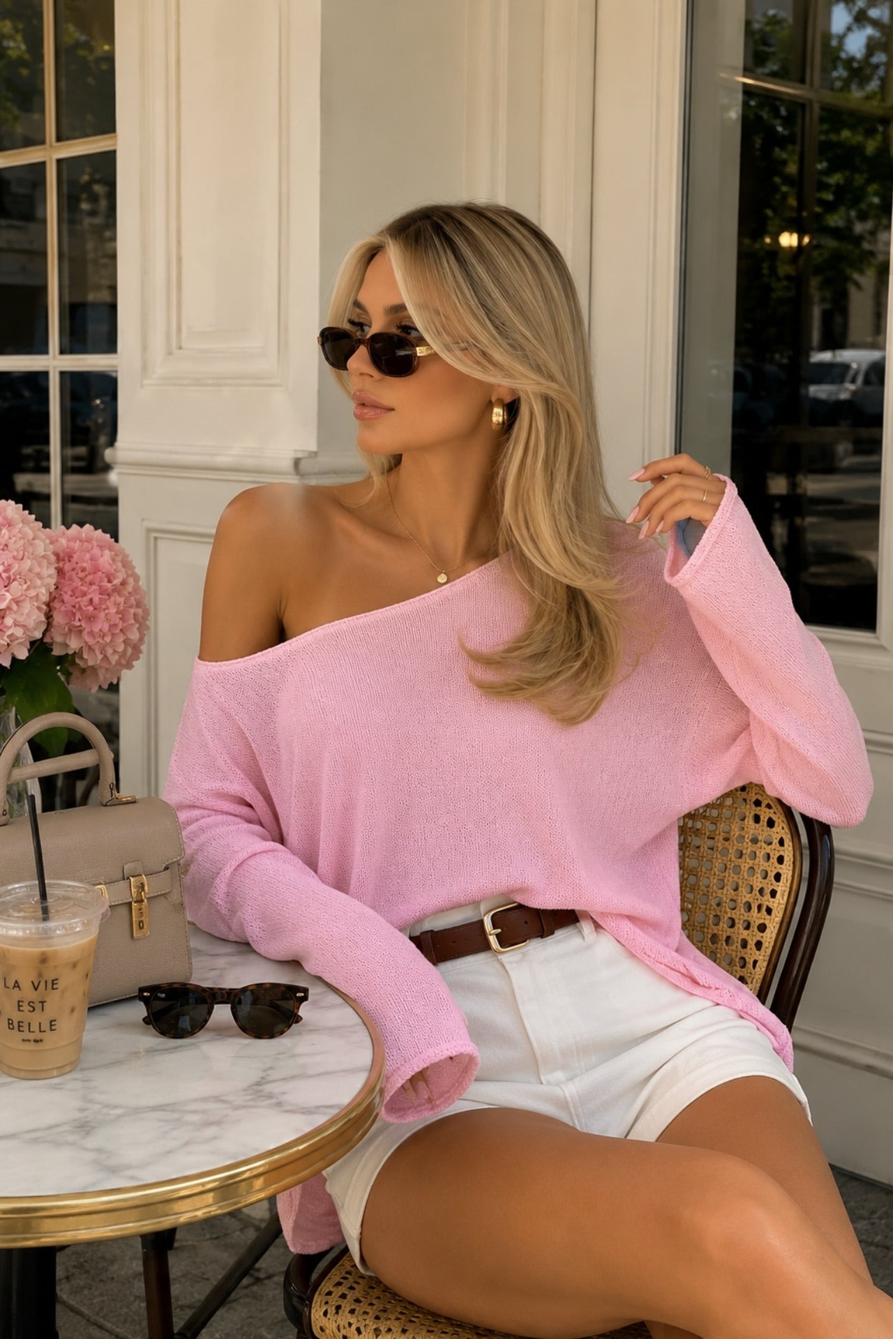 Off Shoulder Thin Pink Knitwear Blouse