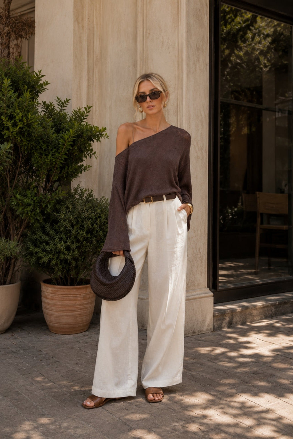 Off Shoulder Thin Brown Knitwear Blouse