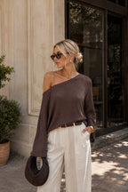Off Shoulder Thin Brown Knitwear Blouse