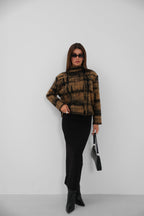 Plaid Pattern Fuzzy Brown Sweater