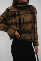 Plaid Pattern Fuzzy Brown Sweater