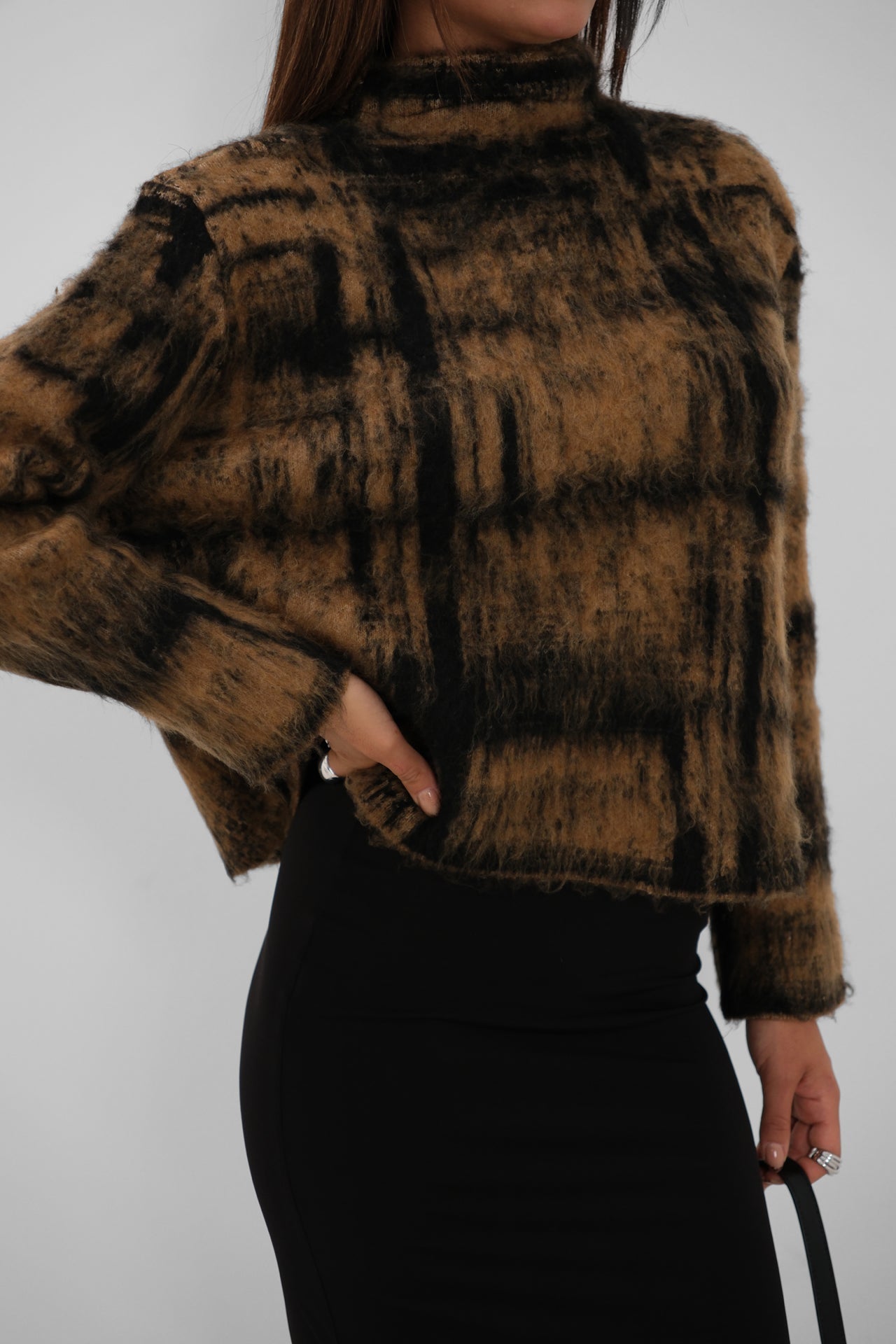 Plaid Pattern Fuzzy Brown Sweater