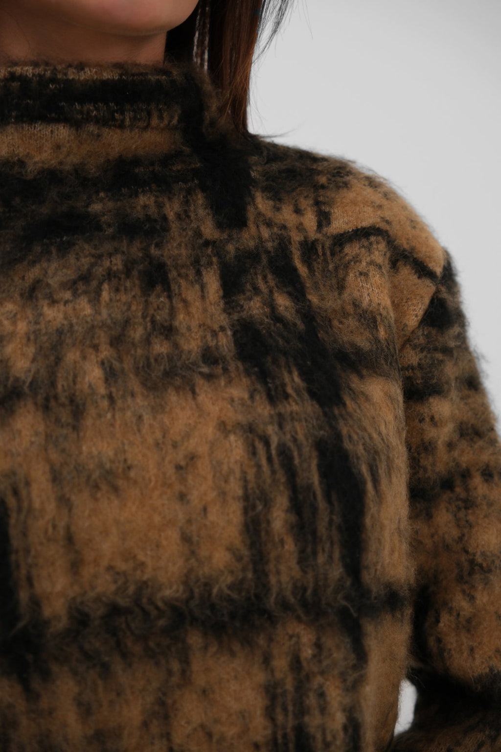 Plaid Pattern Fuzzy Brown Sweater