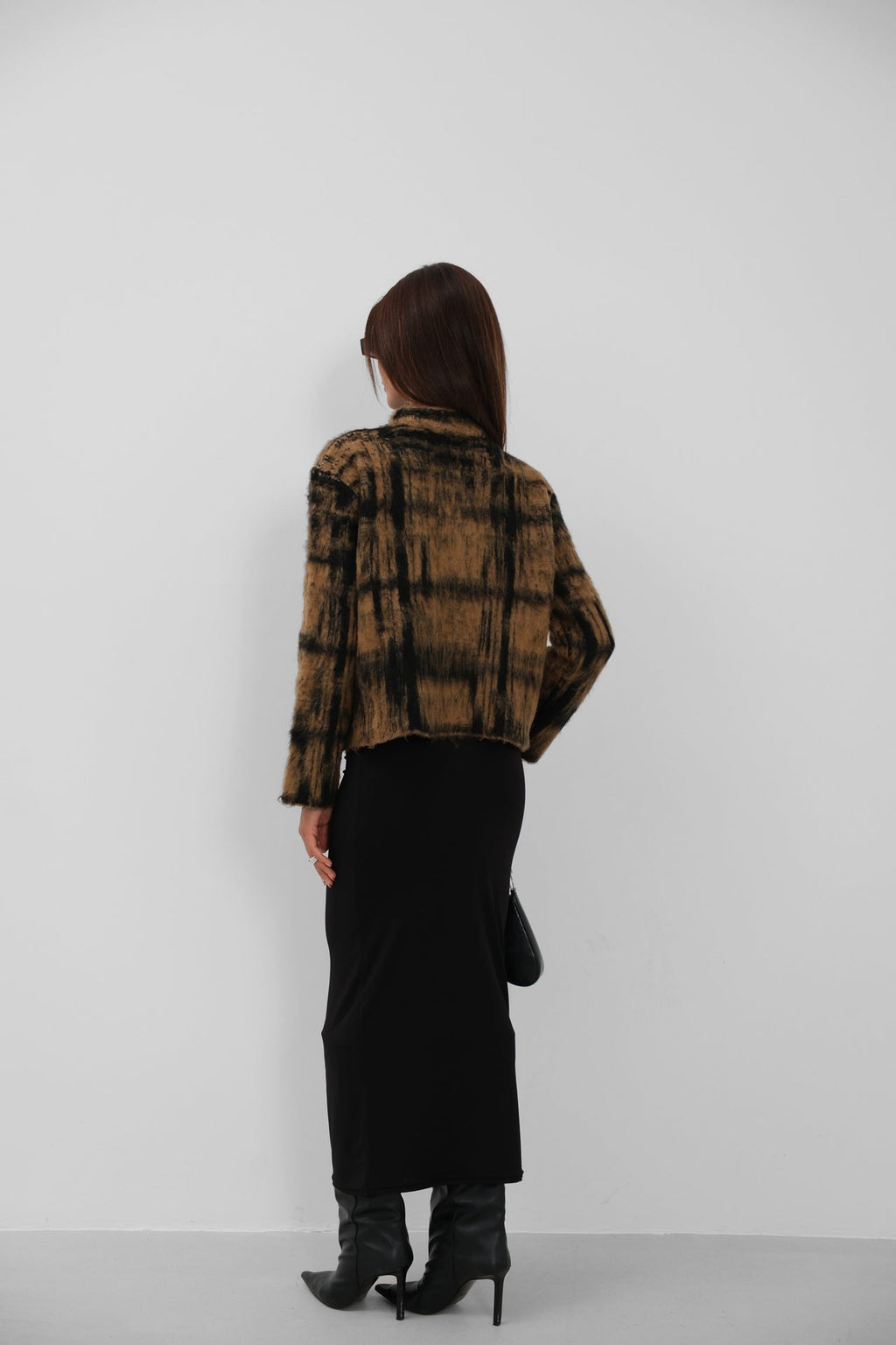 Plaid Pattern Fuzzy Brown Sweater