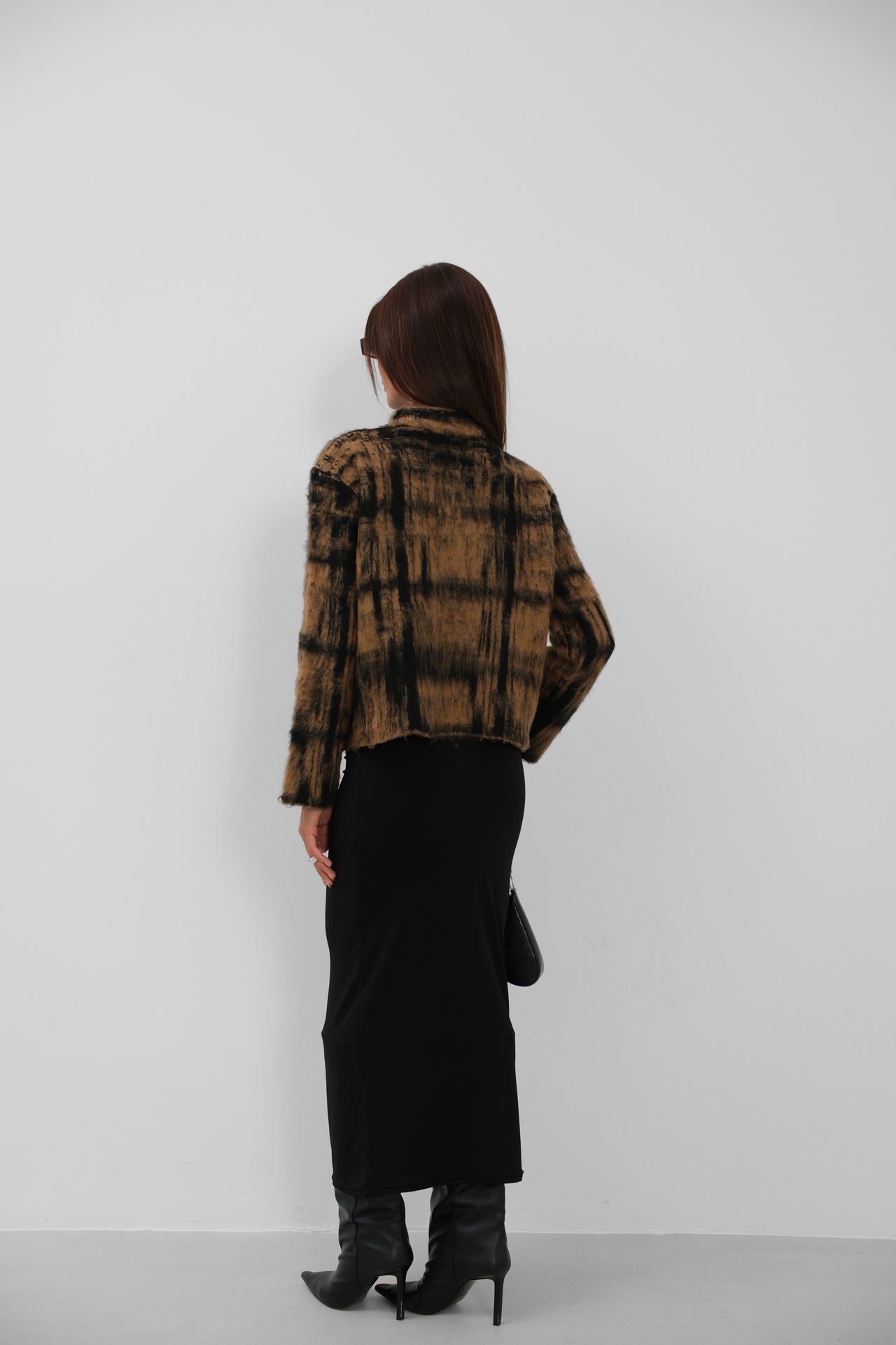 Plaid Pattern Fuzzy Brown Sweater