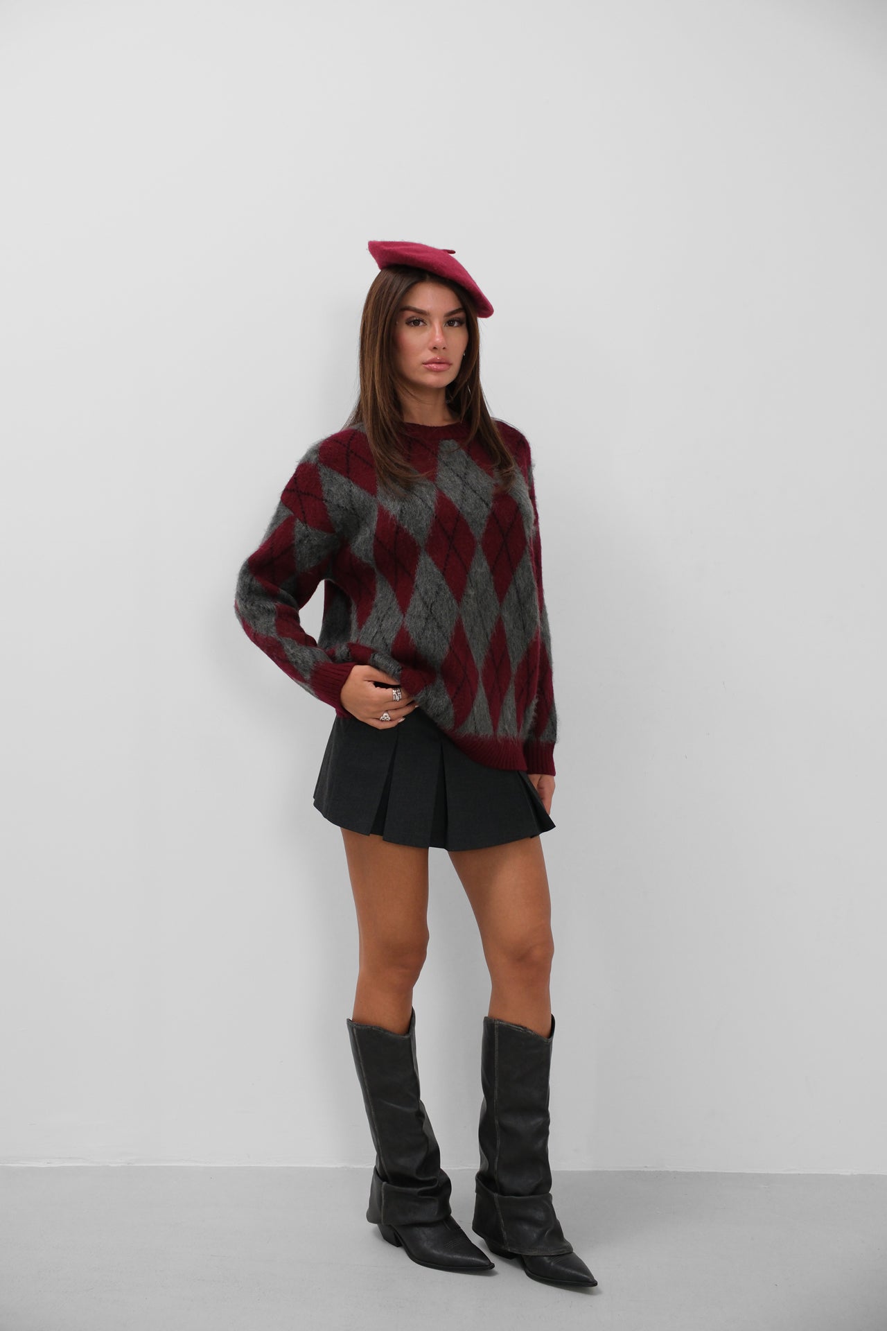 Plaid Patterned Brushed Burgundy-Gray Sweater