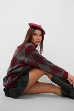 Plaid Patterned Brushed Burgundy-Gray Sweater