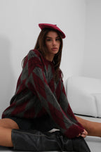 Plaid Patterned Brushed Burgundy-Gray Sweater