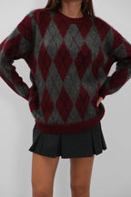 Plaid Patterned Brushed Burgundy-Gray Sweater