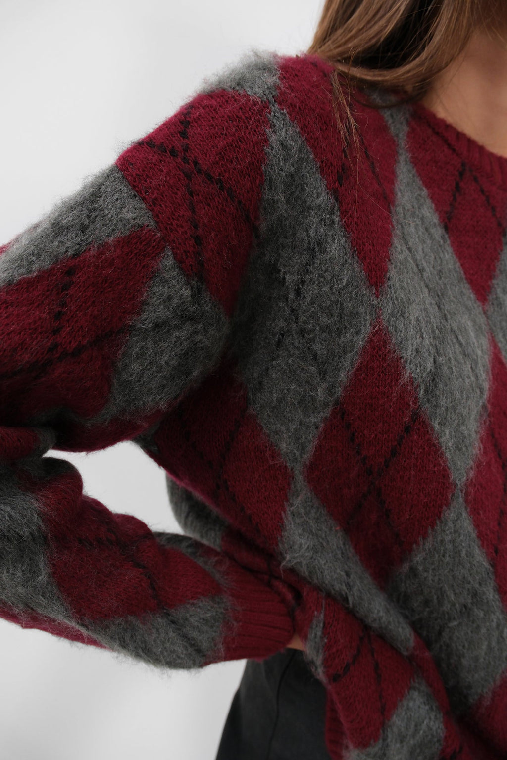 Plaid Patterned Brushed Burgundy-Gray Sweater